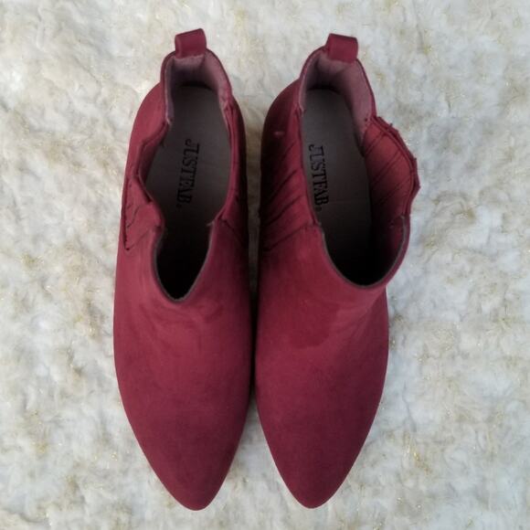 Red Heeled Bootie JustFab Misha Size 8.5 Burgundy Wine Ankle Boot EUC - Picture 10 of 13